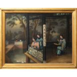 A PAIR OF CHINESE SCHOOL PAINTINGS 19TH CENTURY Oil on canvas, one depicting three ladies in a