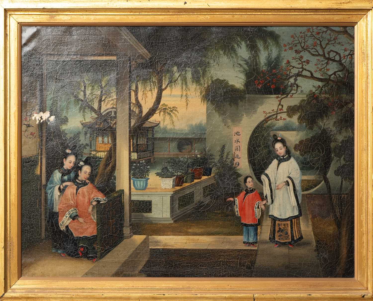 A PAIR OF CHINESE SCHOOL PAINTINGS 19TH CENTURY Oil on canvas, one depicting three ladies in a - Image 2 of 2