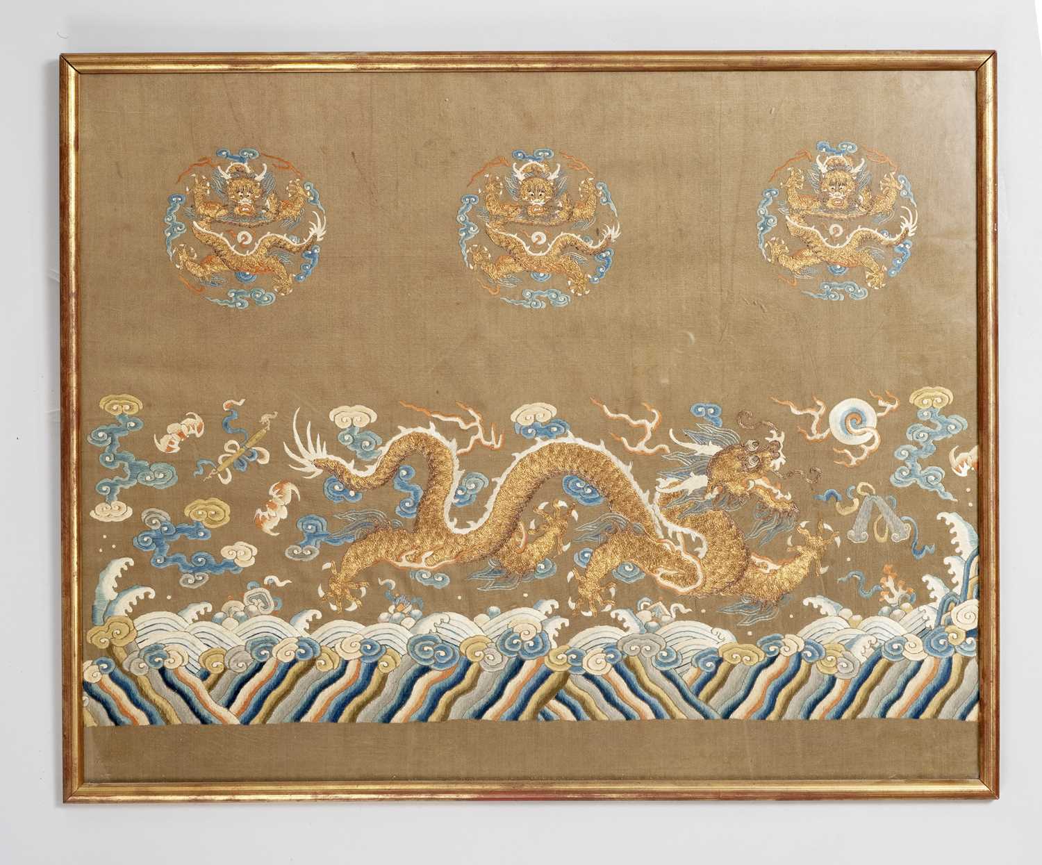 NO RESERVE THREE CHINESE EMBROIDERED SILK 'DRAGON' PANELS QING DYNASTY The smaller panel with a