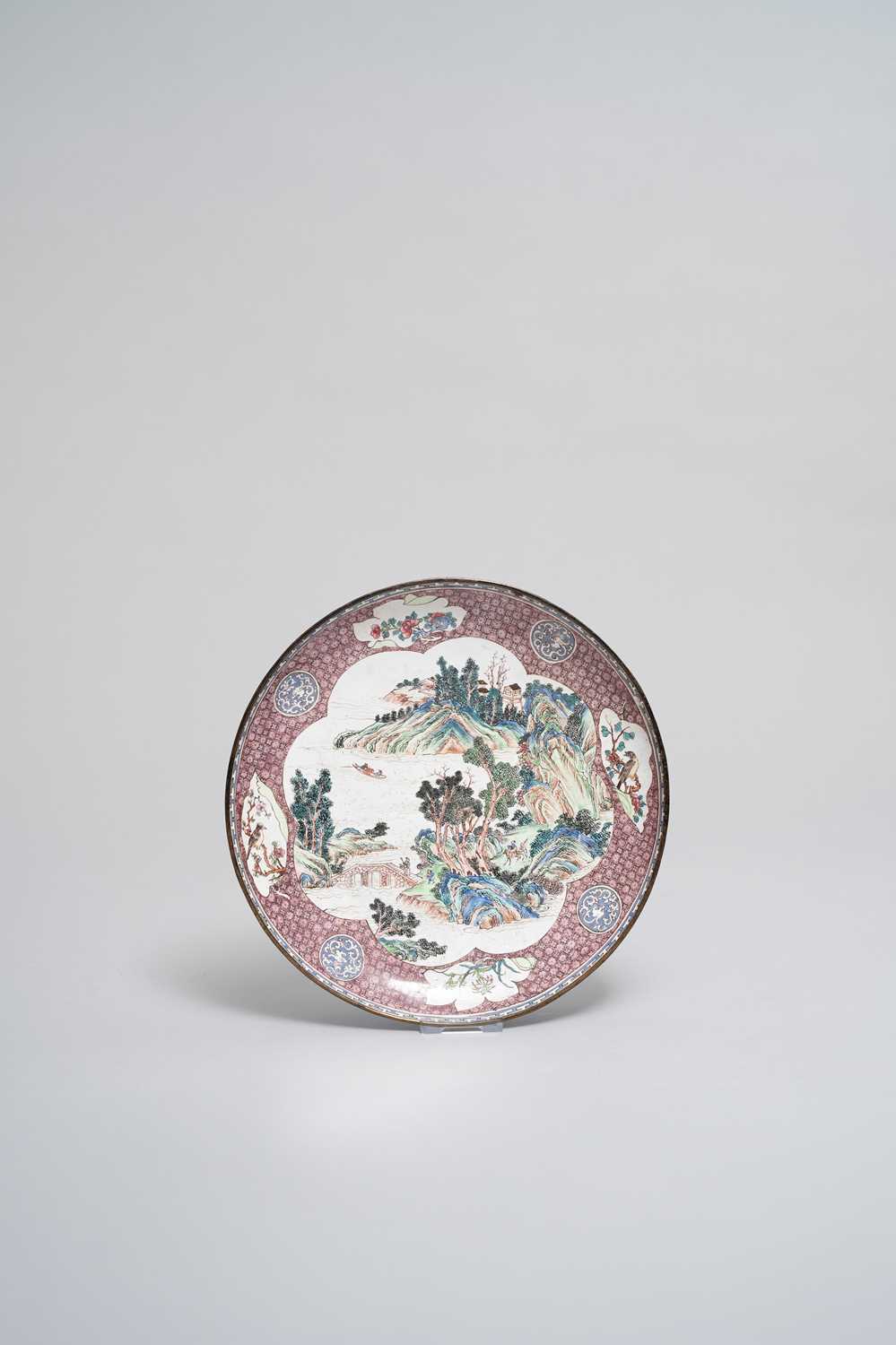 NO RESERVE A CHINESE FAMILLE ROSE PAINTED ENAMEL DISH 18TH CENTURY Decorated with a scene of figures