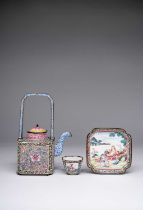 THREE CHINESE CANTON ENAMEL ITEMS 18TH CENTURY Comprising: an erotic subject square dish decorated