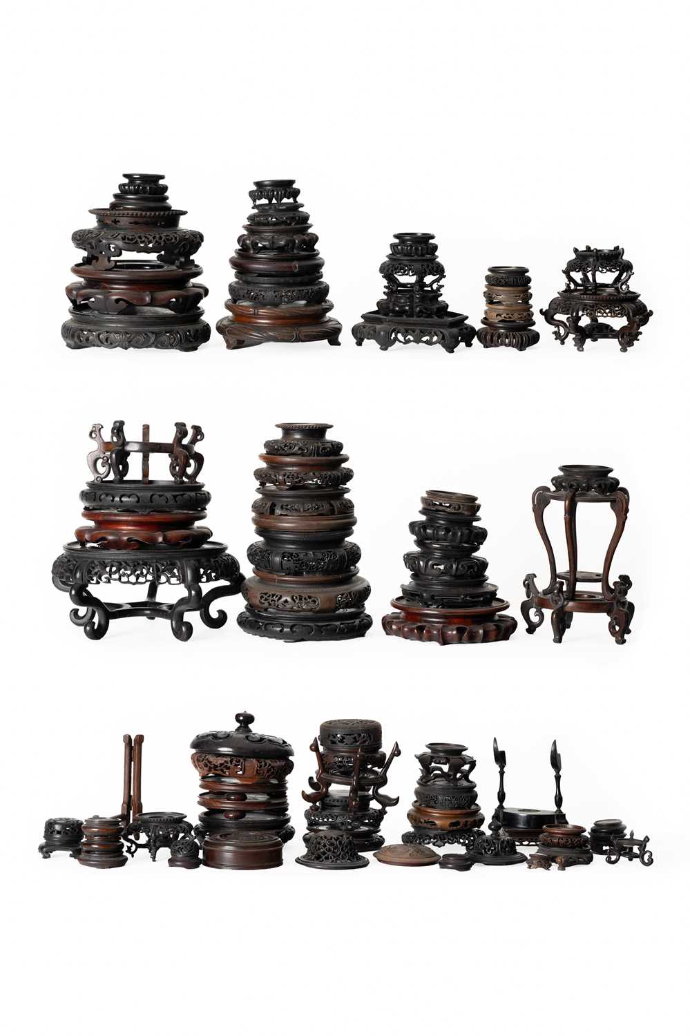NO RESERVE A COLLECTION OF SIXTY-EIGHT HARDWOOD STANDS AND EIGHT COVERS QING DYNASTY AND 20TH