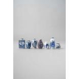 SEVEN CHINESE BLUE AND WHITE SNUFF BOTTLES QING DYNASTY One of rectangular section decorated with
