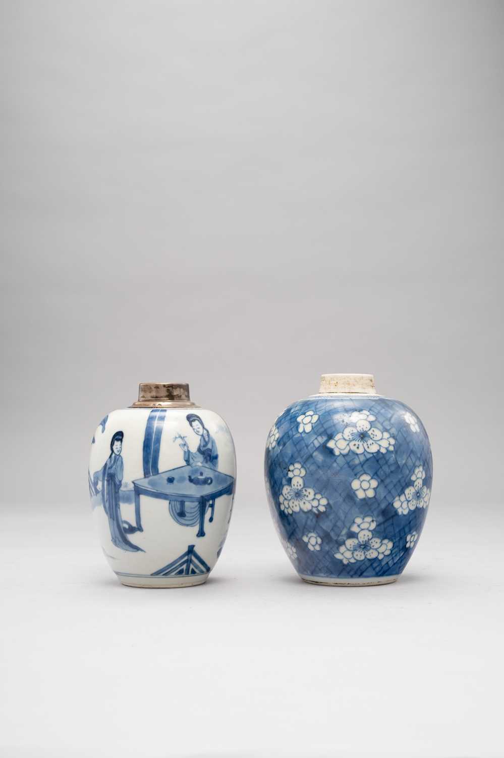 NO RESERVE TWO CHINESE BLUE AND WHITE OVOID JARS KANGXI 1662-1722 One painted with three beautiful