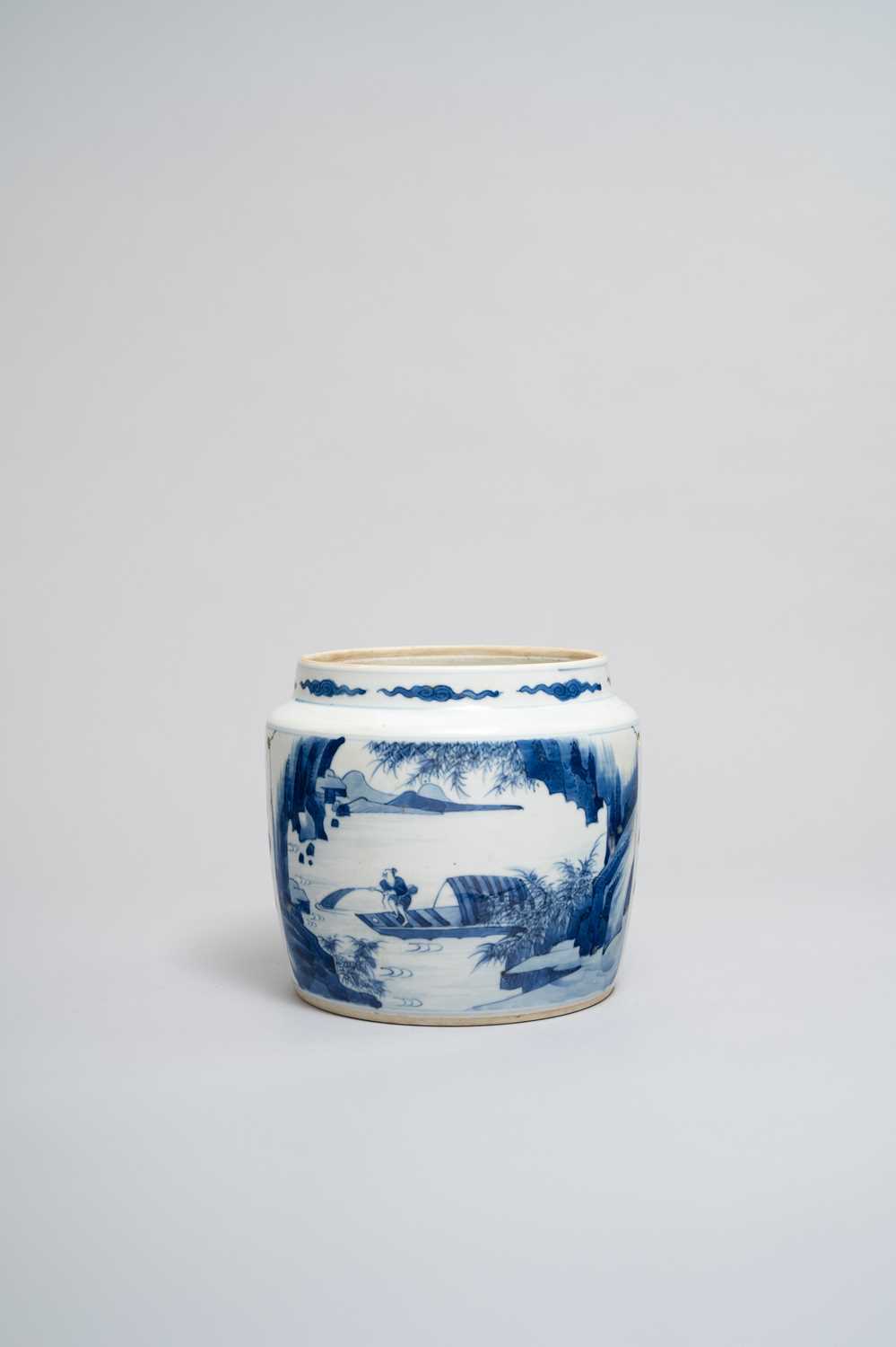 NO RESERVE A CHINESE BLUE AND WHITE CYLINDRICAL JAR KANGXI 1662-1722 Painted with a scene of a