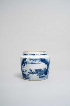 NO RESERVE A CHINESE BLUE AND WHITE CYLINDRICAL JAR KANGXI 1662-1722 Painted with a scene of a