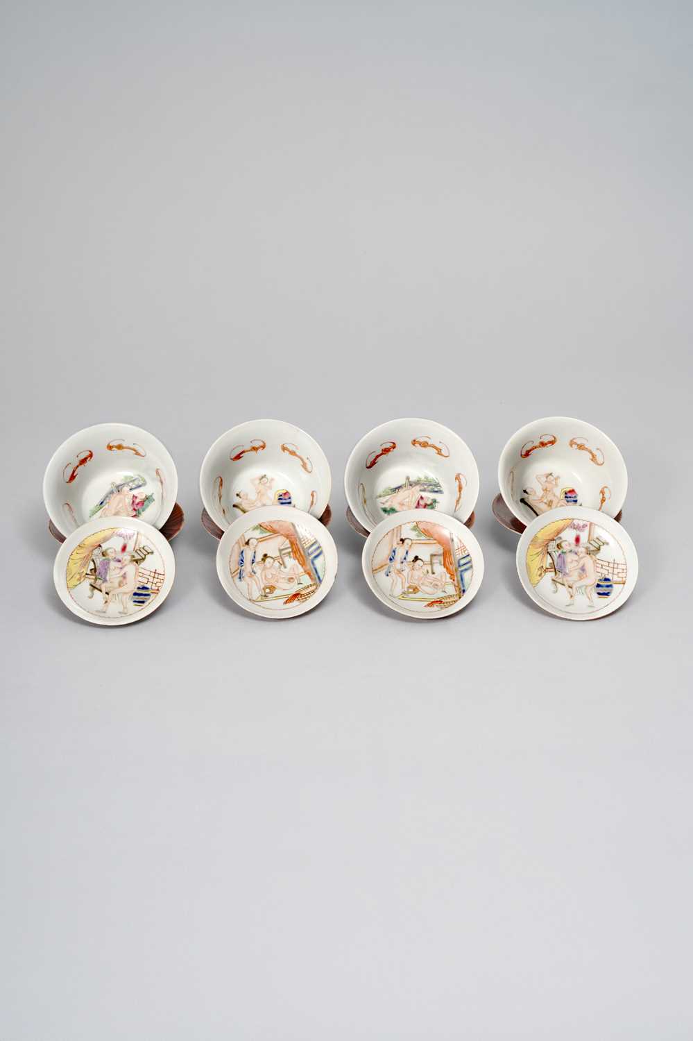 NO RESERVE A SET OF FOUR CHINESE EROTIC SUBJECT FAUX BOIS CUPS, COVERS AND SAUCERS PROBABLY REPUBLIC