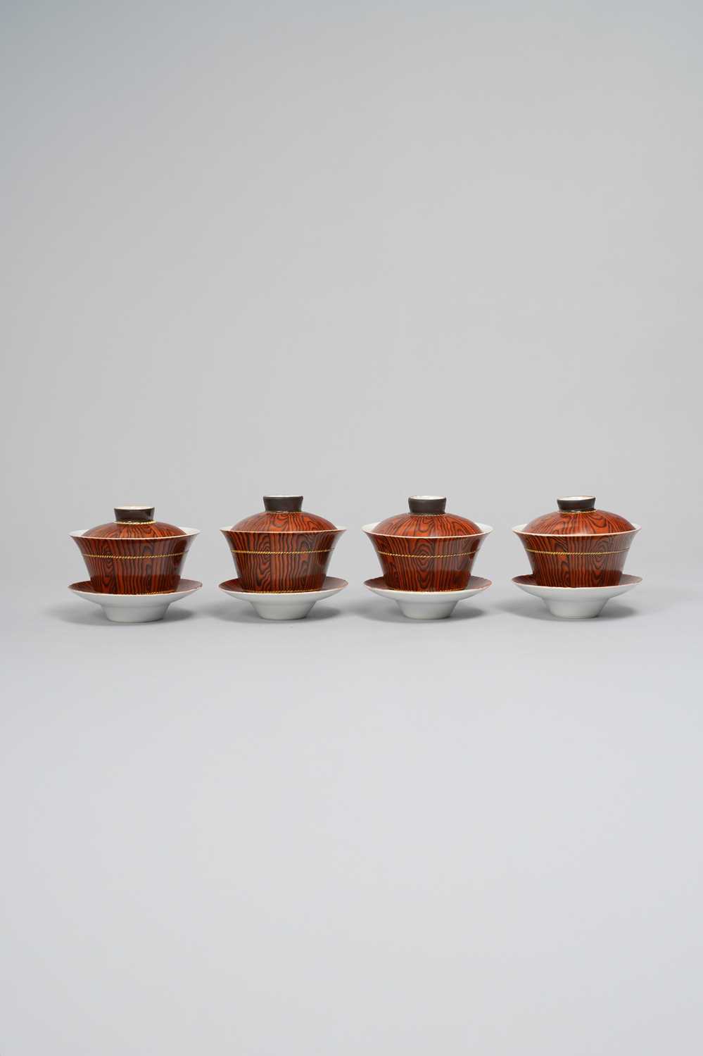 NO RESERVE A SET OF FOUR CHINESE EROTIC SUBJECT FAUX BOIS CUPS, COVERS AND SAUCERS PROBABLY REPUBLIC - Image 2 of 2