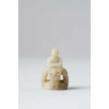 NO RESERVE A CHINESE SMALL CELADON JADE FINIAL OF SHAKYAMUNI BUDDHA MING DYNASTY OR LATER Seated