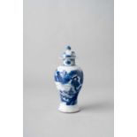 A CHINESE BLUE AND WHITE BALUSTER VASE AND COVER KANGXI 1662-1722 Painted with two panels containing