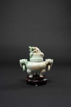 NO RESERVE A CHINESE JADEITE TRIPOD INCENSE BURNER AND COVER LATE QING DYNASTY The compressed