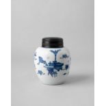 A CHINESE BLUE AND WHITE 'HUNDRED ANTIQUES' JAR KANGXI 1662-1722 The ovoid body painted with