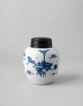 A CHINESE BLUE AND WHITE 'HUNDRED ANTIQUES' JAR KANGXI 1662-1722 The ovoid body painted with