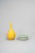 NO RESERVE A CHINESE YELLOW-GLAZED INCISED VASE AND A CELADON QUATREFOIL JARDINIERE PROBABLY 20TH