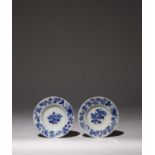 A PAIR OF CHINESE BLUE AND WHITE MINIATURE DISHES KANGXI 1662-1722 Decorated with a leafy floral
