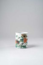 A CHINESE FAMILLE VERTE 'BIRD AND FLOWERS' BRUSHPOT, BITONG KANGXI 1662-1722 Of cylindrical form,