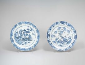 TWO MASSIVE CHINESE BLUE AND WHITE DISHES MID 18TH CENTURY One painted with a lady and her attendant