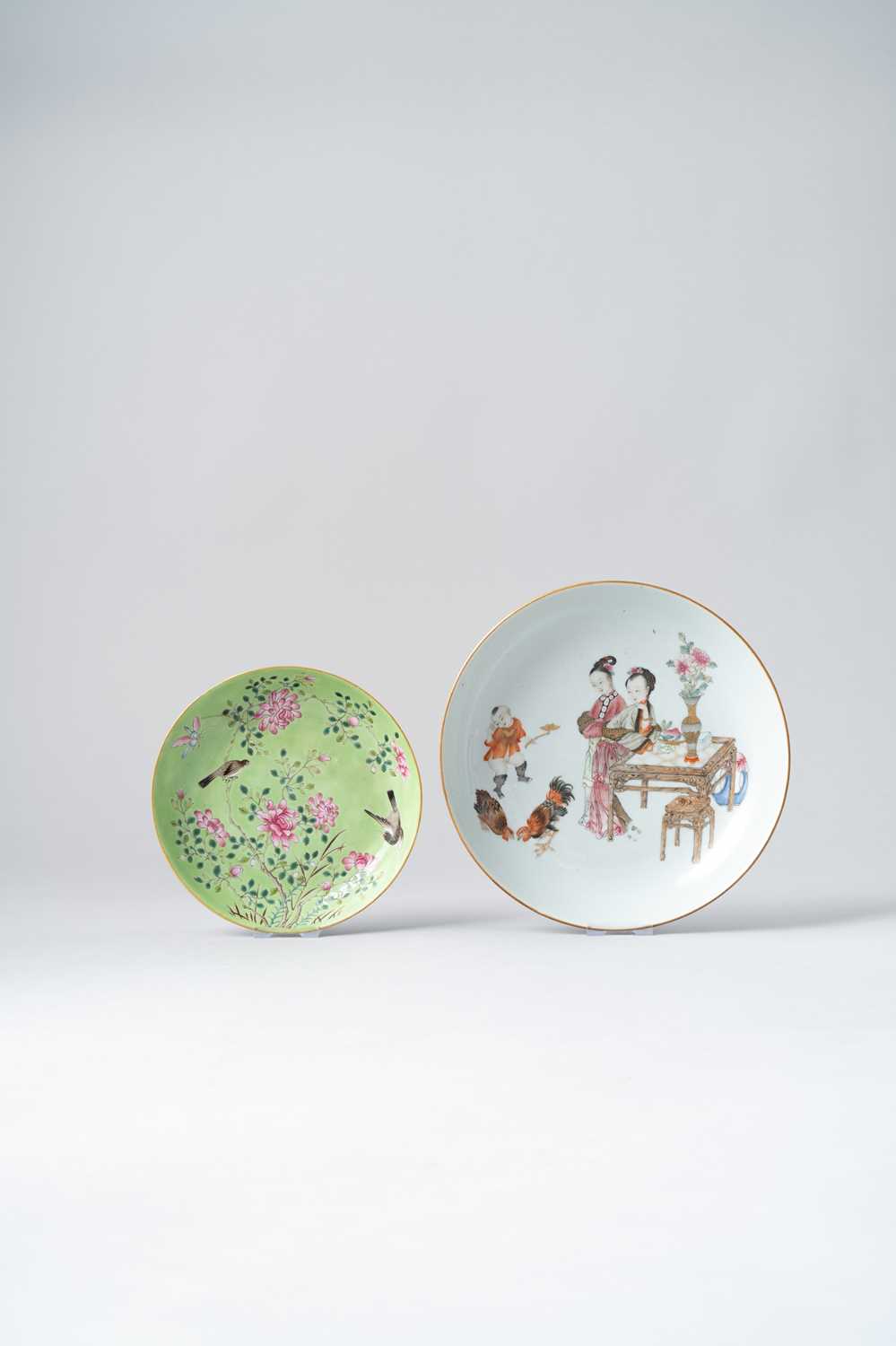 NO RESERVE TWO CHINESE FAMILLE ROSE DISHES LATE QING DYNASTY The larger painted with two ladies