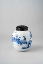 A CHINESE BLUE AND WHITE 'LADIES' JAR KANGXI 1662-1722 Decorated with four young ladies in a