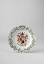 NO RESERVE A CHINESE ARMORIAL PLATE C.1740 Painted with the arms of Johnson within a border of en