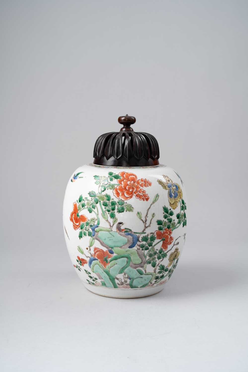 A CHINESE FAMILLE VERTE OVOID VASE KANGXI 1662-1722 Decorated with birds among peony flowers issuing