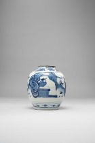 A CHINESE BLUE AND WHITE OVOID JAR TRANSITIONAL PERIOD C.1650 Painted with seven figures amidst