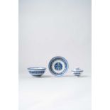 NO RESERVE THREE CHINESE BLUE AND WHITE SOFT PASTE ITEMS 18TH CENTURY Comprising: a bowl and stand