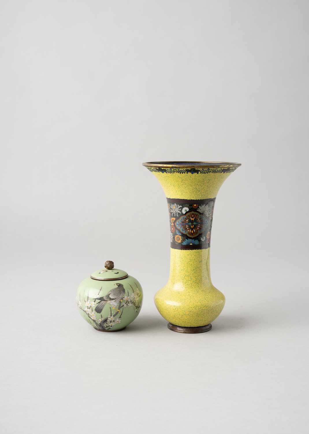 TWO JAPANESE CLOISONNE ENAMEL PIECES MEIJI ERA, 19TH/20TH CENTURY One a trumpet vase, decorated with