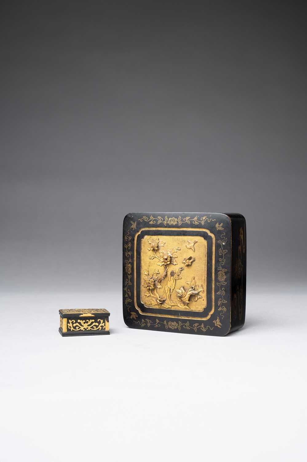 TWO JAPANESE PARCEL-GILT BRONZE SAWASA BOXES EDO PERIOD, MID-18TH CENTURY The larger of square form,