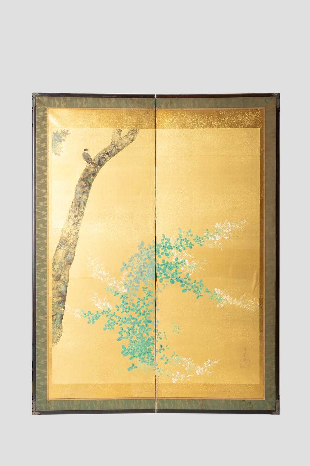 RINPA SCHOOL SPRING SCENE MEIJI PERIOD, 20TH CENTURY A Japanese two-fold byōbu (paper screen),