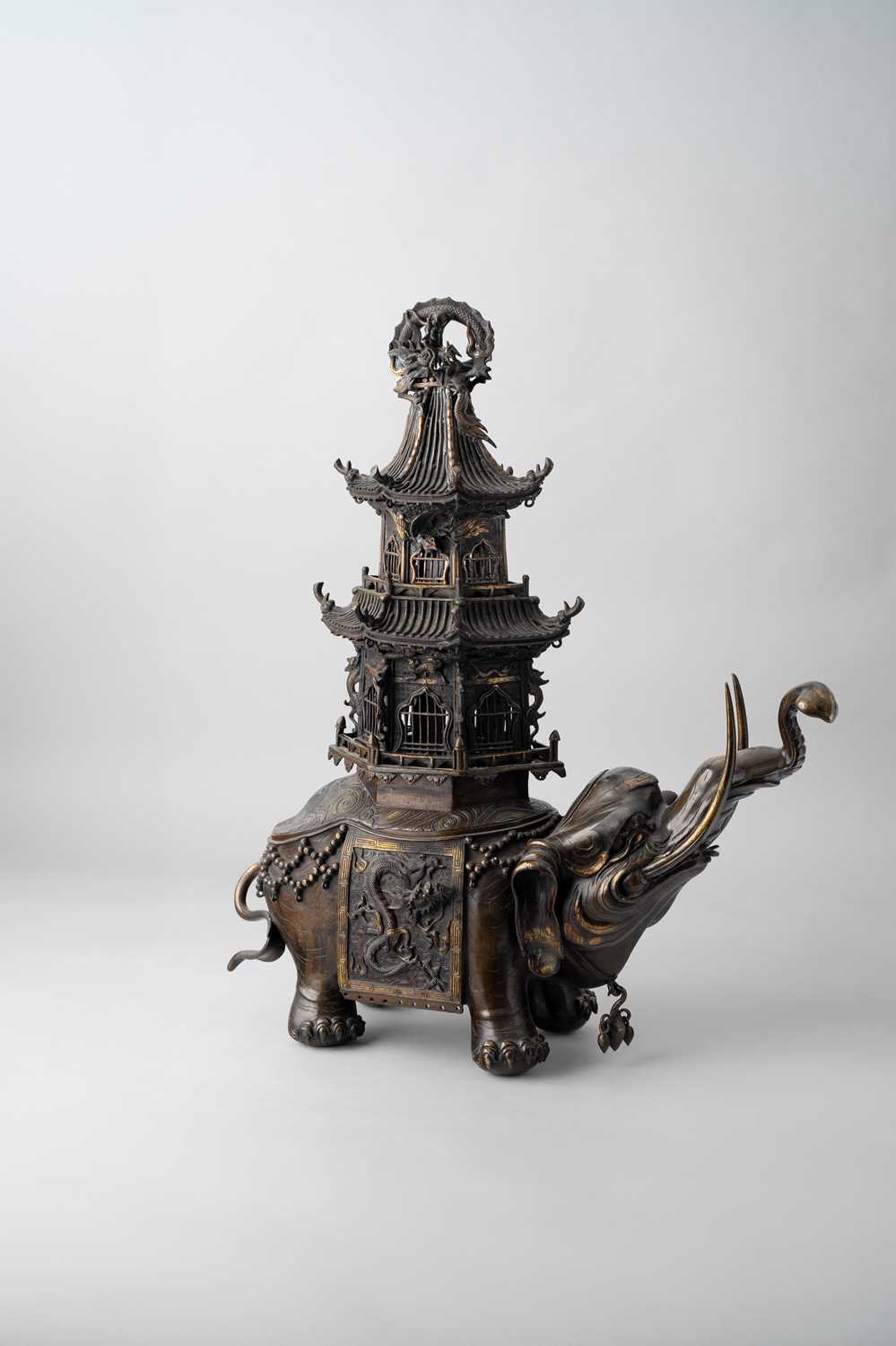 A LARGE JAPANESE PARCEL-GILT BRONZE ELEPHANT KORO (INCENSE BURNER) MEIJI ERA, 19TH CENTURY The