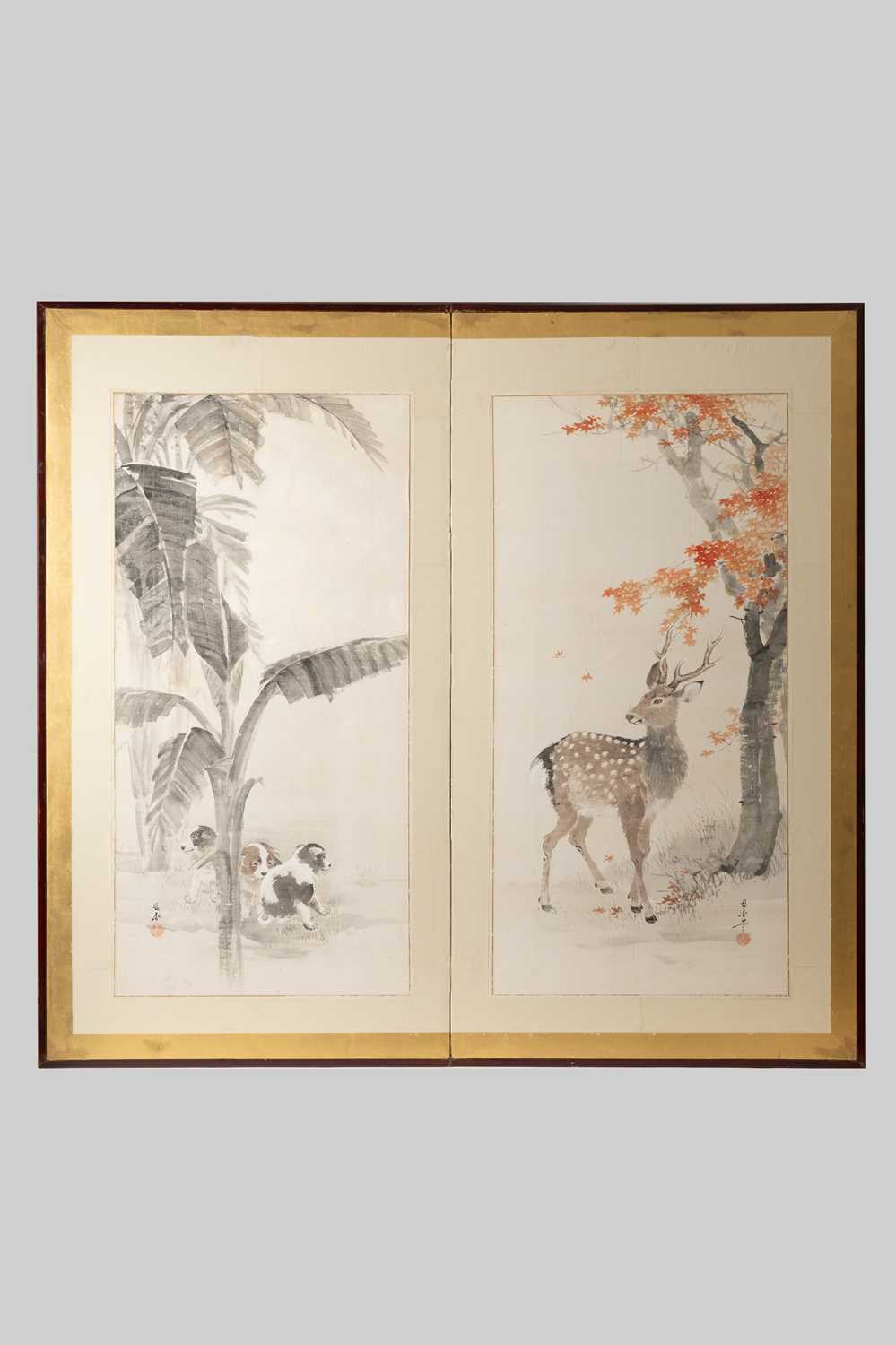 KANO SCHOOL DEER AND PUPPIES TAISHO, 20TH CENTURY A Japanese two-fold byōbu (paper screen) painted