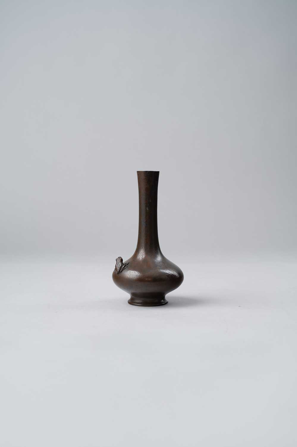A SMALL JAPANESE BRONZE VASE WITH FROG BY SHUSEI MEIJI ERA, 19TH CENTURY The flattened body raised