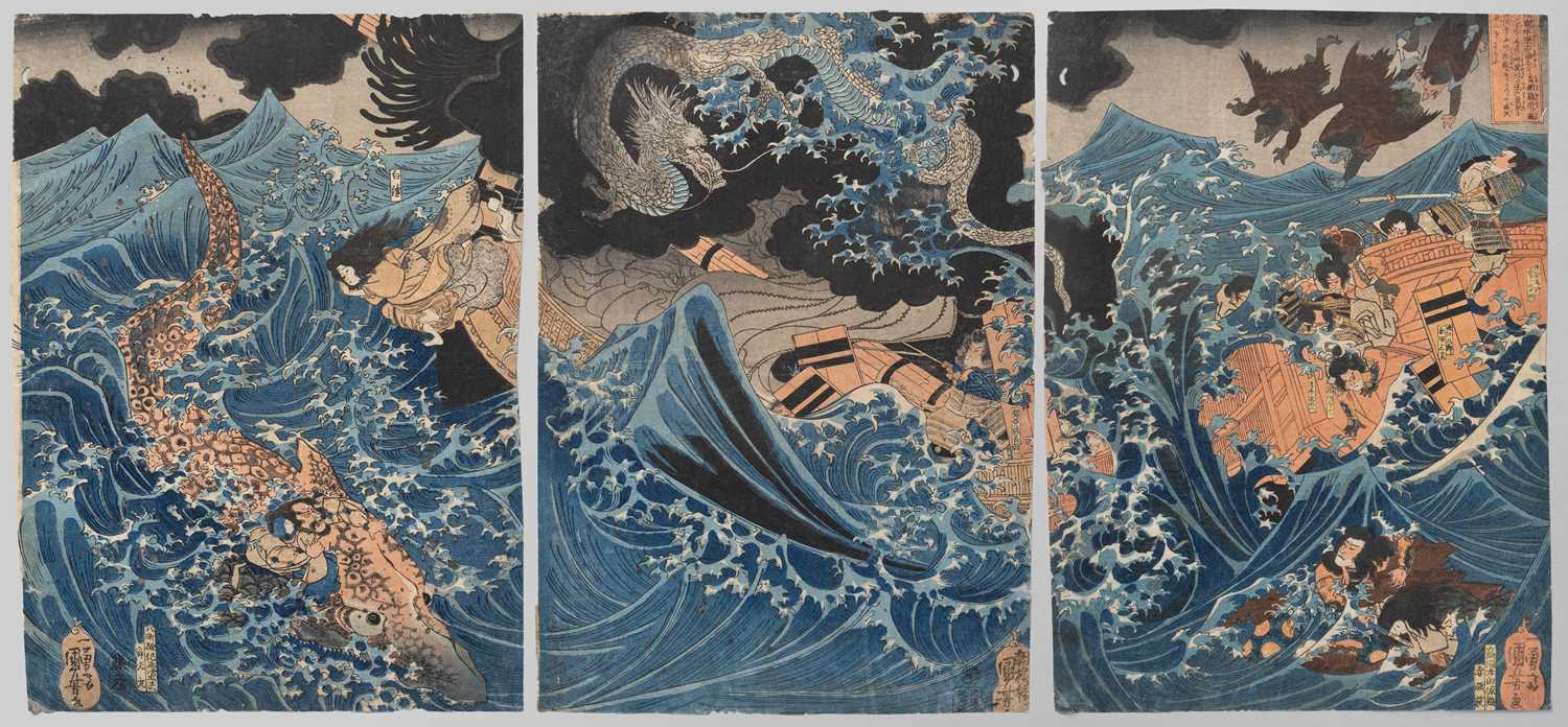 UTAGAWA KUNIYOSHI (1798-1861) HIGO NO KUNI MIZUMATA NO KAIJO NI TE TAMETOMO NANPU NI AU (ON THE