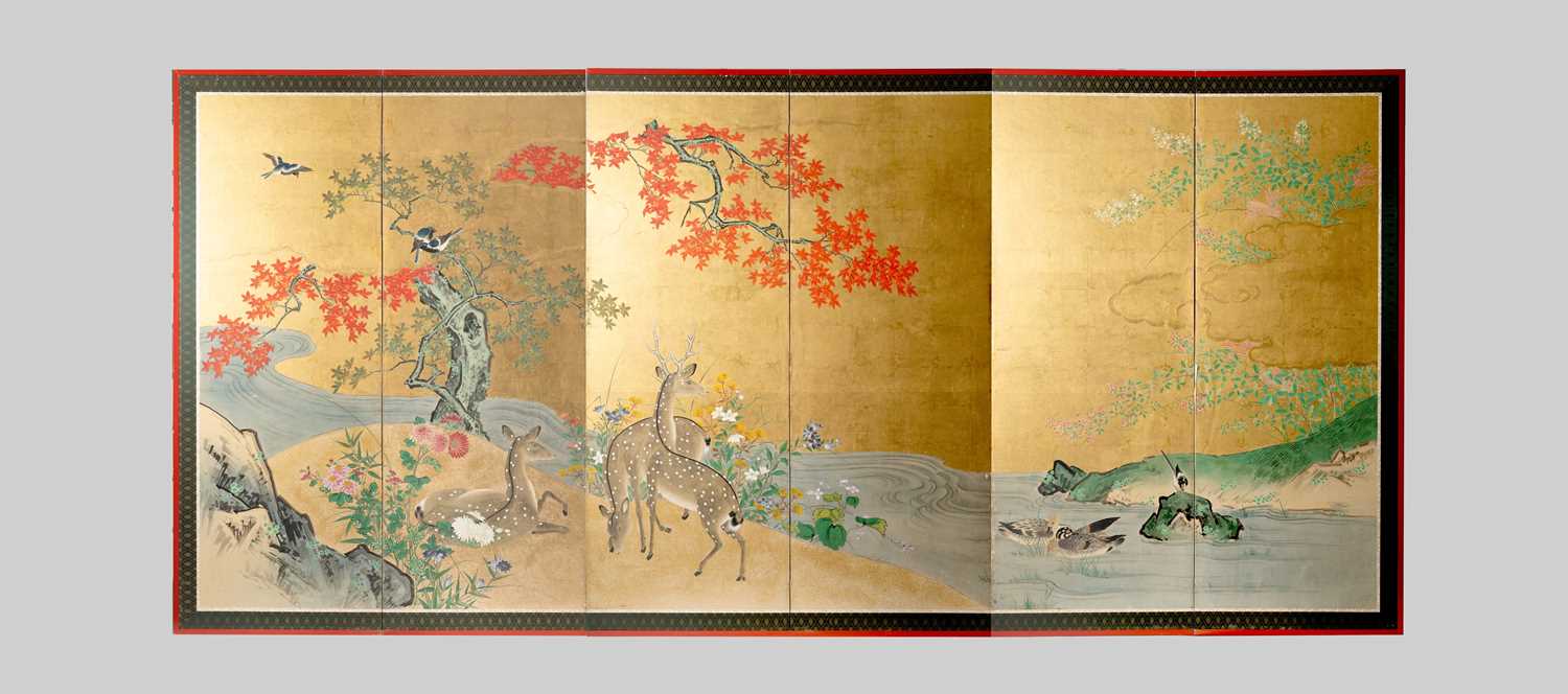 TOSA SCHOOL DEER, MAPLE AND BIRDS EDO PERIOD, C.1800 A Japanese six-fold byōbu (paper screen),