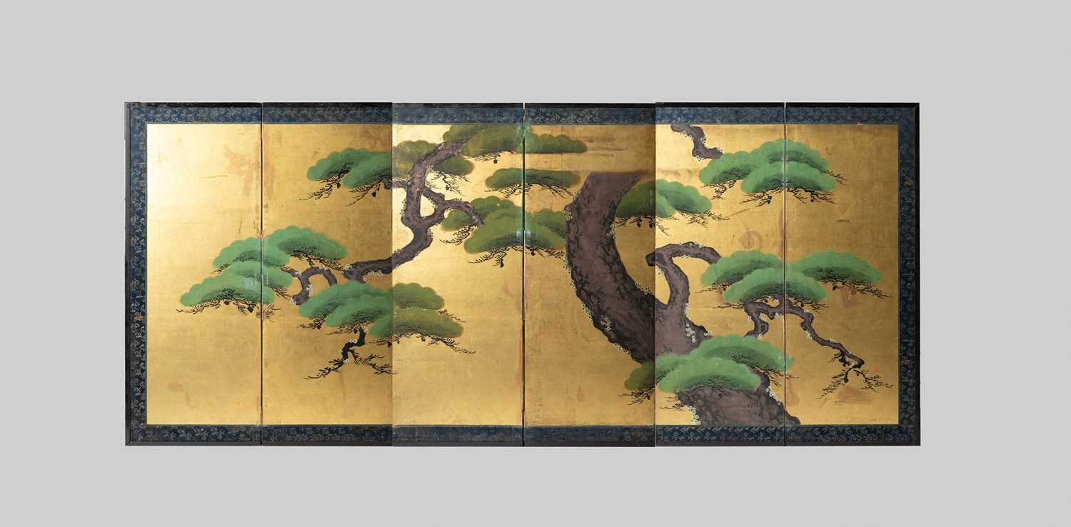 KANO SCHOOL PINE AND GOLD LEAF EDO PERIOD, C.1700 A Japanese six-fold byōbu (paper screen),
