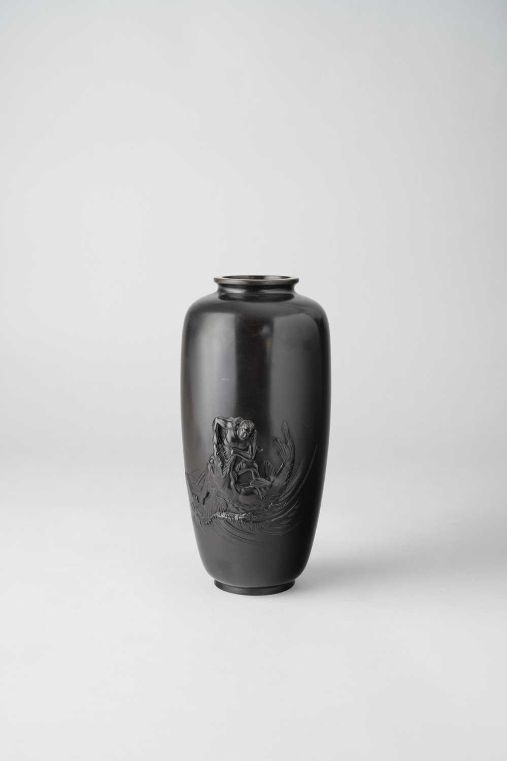A JAPANESE BRONZE VASE BY MASAYUKI MEIJI ERA, 19TH CENTURY The tall cylindrical body decorated in
