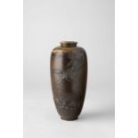 A JAPANESE INLAID-BRONZE VASE MEIJI ERA, 19TH CENTURY The tall cylindrical body raised on a short