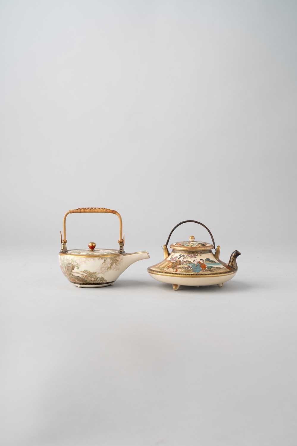 TWO JAPANESE SATSUMA SAKE EWERS AND COVERS MEIJI OR TAISHO ERA, 20TH CENTURY The first decorated