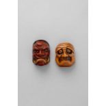 NO RESERVE TWO JAPANESE WOOD MASK NETSUKE EDO/MEIJI, 19TH CENTURY One lacquered red and black with