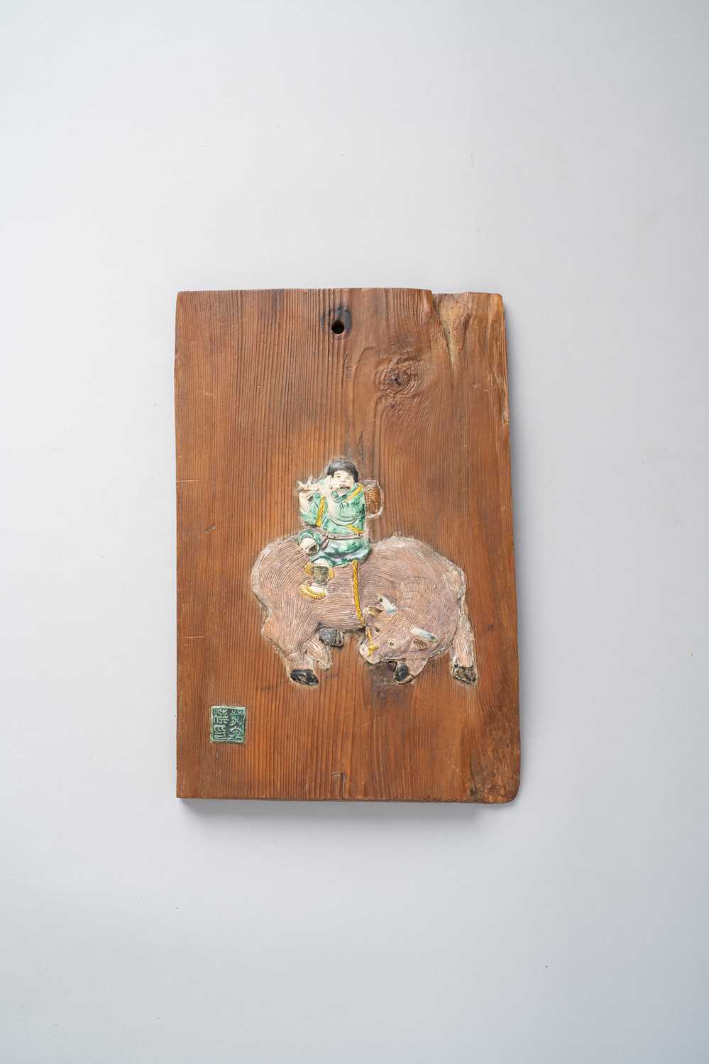 NO RESERVE A WOOD AND PORCELAIN PLAQUE 19TH OR 20TH CENTURY In the style of Ogawa Haritsu/Ritsuo, of