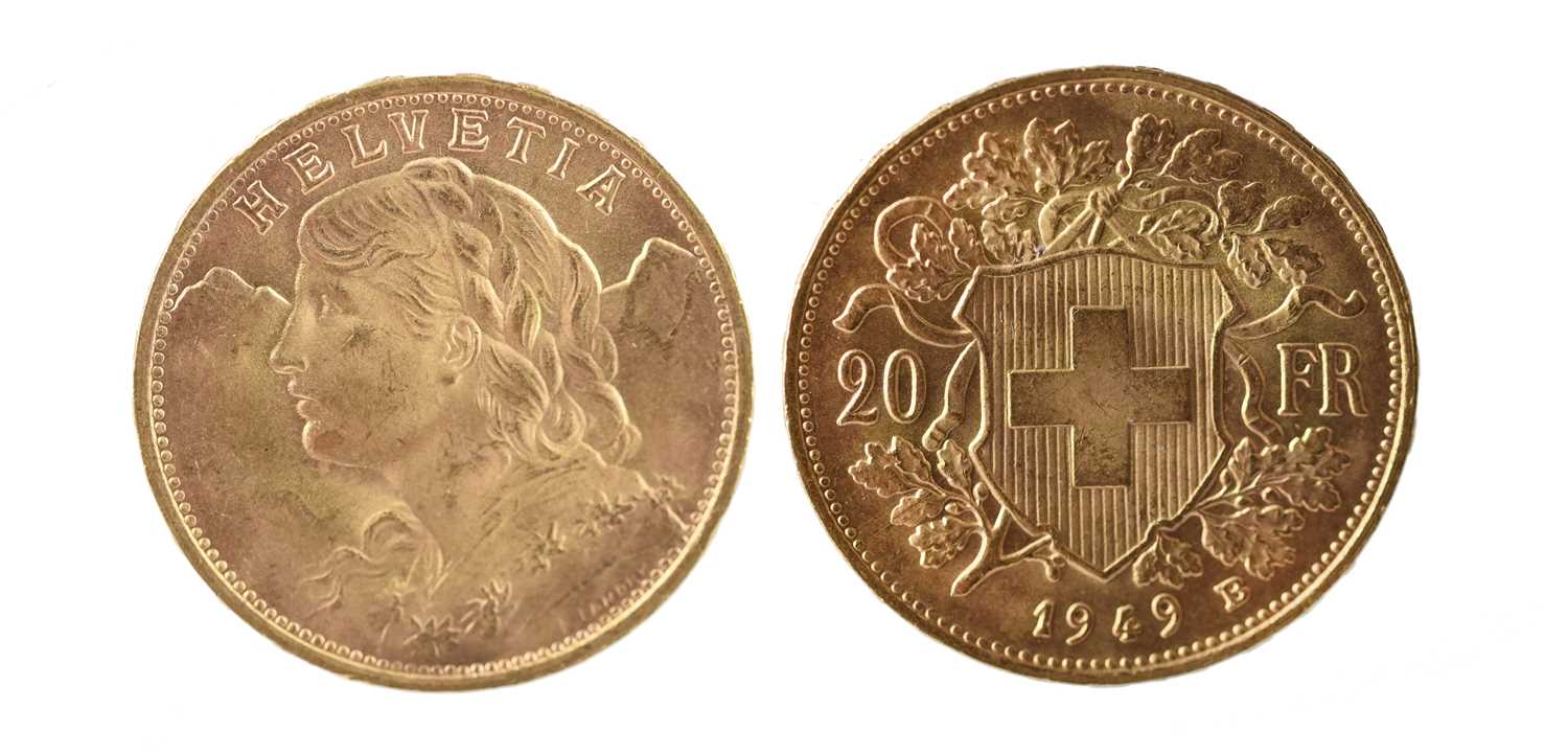 Switzerland, gold 20 francs, 1949 (F 499), extremely fine. 21.1mm diamter