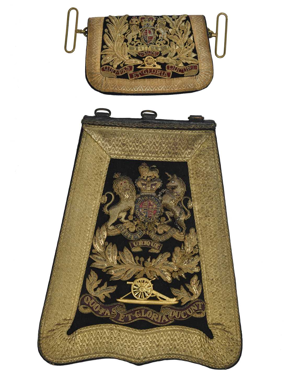 A Victorian Royal Horse Artillery officer's sabretach, faced in gold embroidery with the Royal