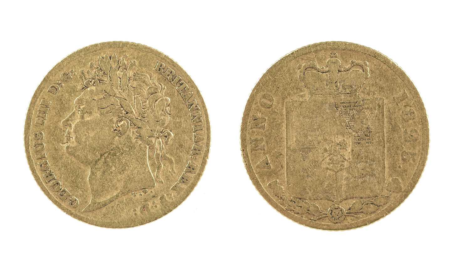 George IV, gold half-sovereign, 1825, laureate head, rev. plain crowned shield (S 3803), about fine.