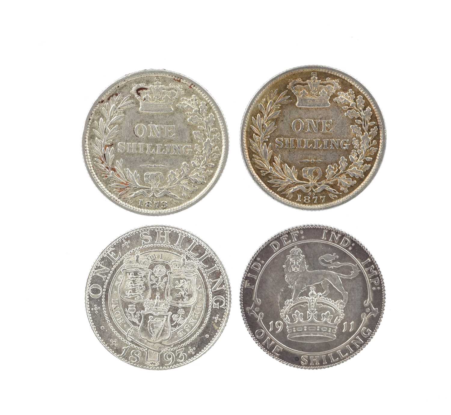 Four silver shillings, vis.: Victoria, 1873 and 1877, die number 73 and 33 (S 3906A), both near very - Image 2 of 2