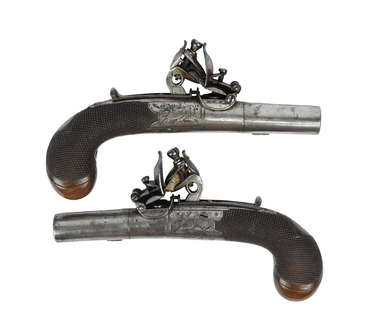 A good pair of English 40 bore flintlock pocket pistols signed D. EGG LONDON, turn-off barrels 2.5
