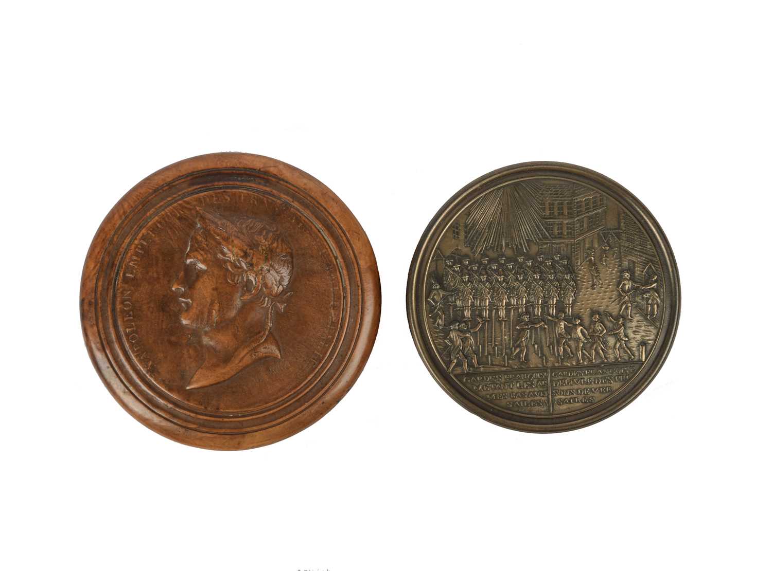 λ Napoleon Bonaparte: a burr wood and tortoiseshell lined circular snuff box, the lid with