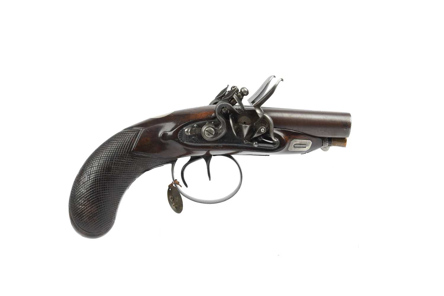 A fine English 44 bore double barrelled flintlock pocket or travelling pistol, round barrels 2.75
