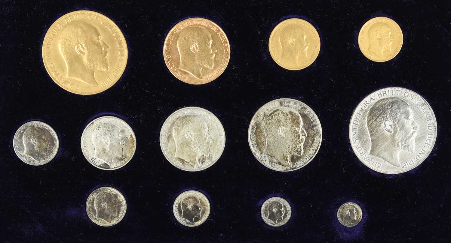 Edward VII: proof set 1902, 13 coins comprising gold five pounds to silver maundy penny, in official