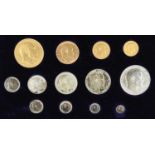 Edward VII: proof set 1902, 13 coins comprising gold five pounds to silver maundy penny, in official